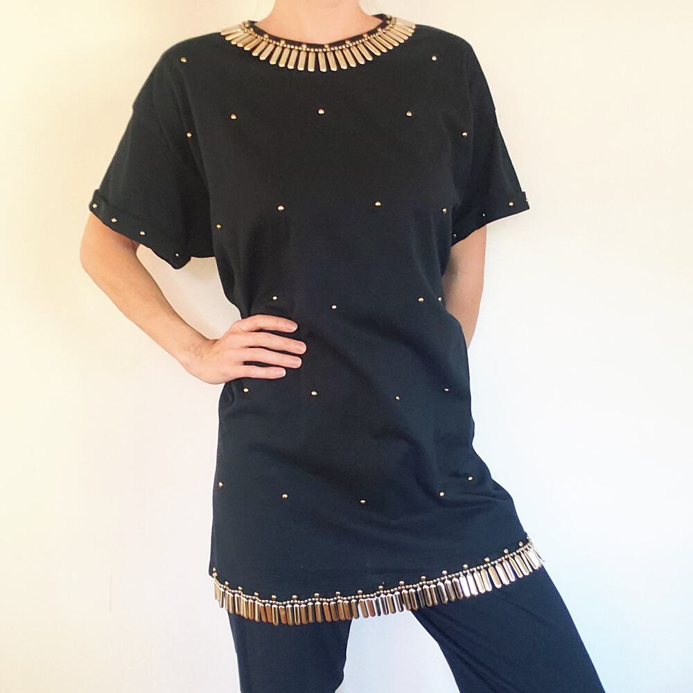 Vintage 80s 2 Piece Set Pants Oversized T-Shirt Funky Gold Studs & Beading OS